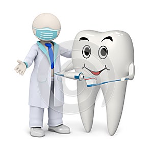 3d dentist with a smiling tooth and toothbrush photo