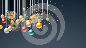 3D design of colorful Christmas tree ornaments and balls creating the illusion of an explosion.