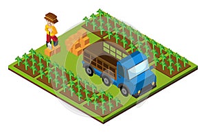 3D design for farmer and truck on farmyard