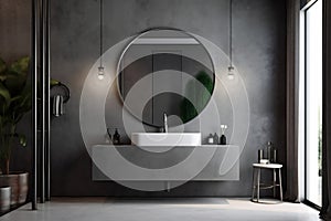 3d design gray concrete mirror home interior room luxury bathroom sink. Generative AI.