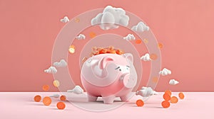 3d design Pink Pig piggy bank and gold coins. finance savings investment concept. financial management.