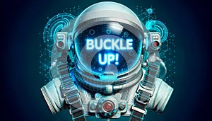 3D design of a space helmet with an integrated seatbelt system. As an astronaut gears up the words BUCKLE UP! appear