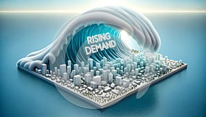 3D design of a tidal wave approaching a citys shoreline. The wave is translucent and within it the phrase RISING DEMAND is seen