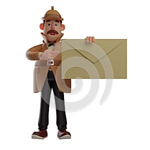 3D Detective Cartoon Character holding a big envelope