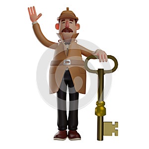 3D detective Cartoon Character holding a key