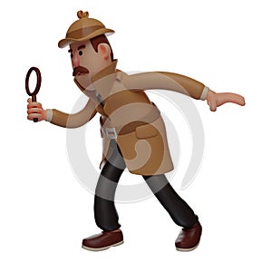 3D detective cartoon character walking while looking