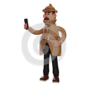 3D Detective Cartoon Design holding a cell phone