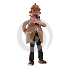 3D detective cartoon drawing with phone