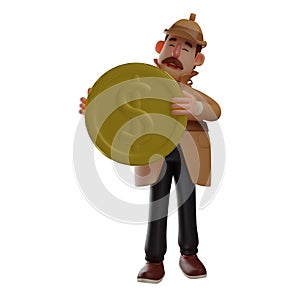 3D Detective Cartoon Picture holding a gold coin