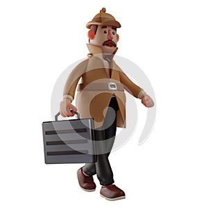 3D detective cartoon walking holding suitcase