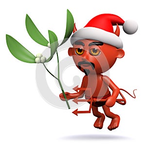 3d Devil has some Christmas mistletoe