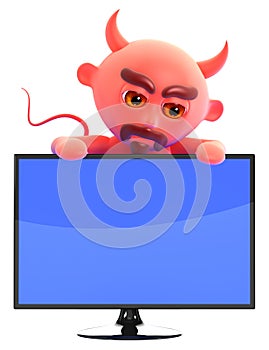 3d Devil looks over a new widescreen television monitor