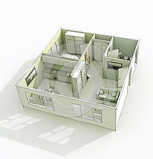 3d diagonal view of freehand sketch drawing illustration of apartment
