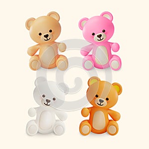 3d Different Color Cute Teddy Bear Toy Set Cartoon Style. Vector