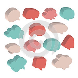 3d different colors speech bubbles set, social media chat message icon collection. Empty text bubbles in various shapes