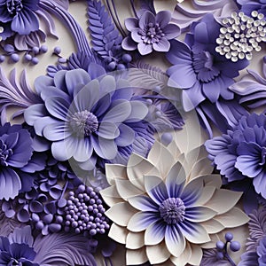 3D digital scene of paper art violet flowers on a white plexi background (tiled)