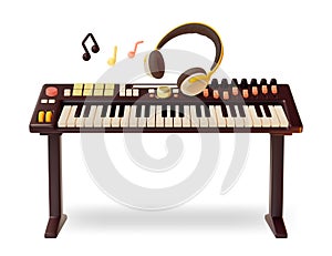 3d Digital Synthesizer on Stand and Headphones Cartoon Style. Vector