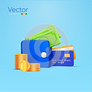 3d digital wallet with coin stacks, dollars, banking credit cards isolated on background. Design concept for banking