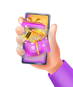 3D discount coupon illustration, vector event ticket, hand holding smartphone, gift box special voucher.