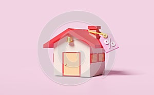 3d discount sales icon with red house, price tags coupon isolated on pink background. marketing promotion bonuses concept, 3d