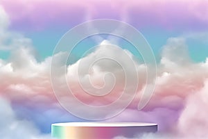 3d display pedestal podium, cloudy and dreamy, beautiful, in pastel background, realistic, Generative Ai