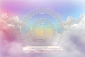 3d display pedestal podium, cloudy and dreamy, beautiful, in pastel background, realistic, Generative Ai