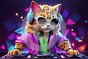 A 3D DJ cat cartoon character with headphones, adding energetic, charismatic vibes to nightlife. Cute, playful, and creatively
