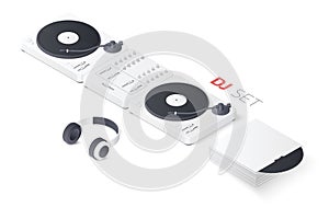 3D DJ mixing turntable set isolated on white background. Isometric vector illustration