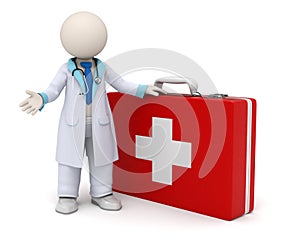 3d doctor and big red first aid case with cross