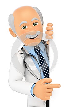 3D Doctor pointing aside. Blank space
