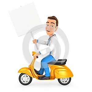 3d doctor riding scooter with blank sign board