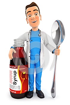 3d doctor standing next to syrup bottle