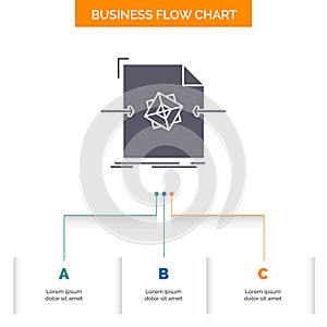3d, document, file, object, processing Business Flow Chart Design with 3 Steps. Glyph Icon For Presentation Background Template