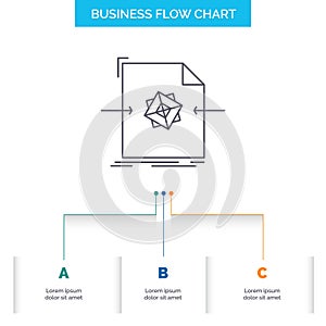 3d, document, file, object, processing Business Flow Chart Design with 3 Steps. Line Icon For Presentation Background Template