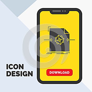 3d, document, file, object, processing Glyph Icon in Mobile for Download Page. Yellow Background