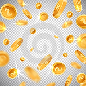 3d dollar gold coins explosion in realistic style,big win jackpot game casino concept on transparent background,business
