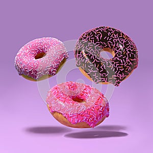 3D donuts on a purple background is a realistic sweet dessert with a top. 3D rendering