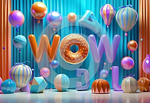 3D doughnut in a word WOW surrounded by colorful ballons.