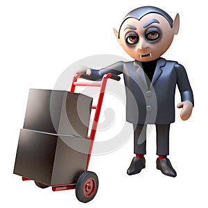 3d dracula vampire Halloween character delivering some black boxes by hand trolley, 3d illustration