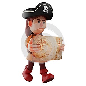 3D drawing of a pirate character walking while carrying a map