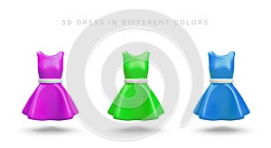 3d dress in different colors. Poster with place for text for clothes store for female