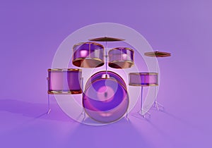 3D drum set, music sound for live musicians with neon style lights. The concept for live music audio. 3d render illustration