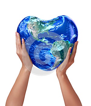 3d earth heart in hands