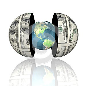 3d earth in hemispheres with us dollar texture