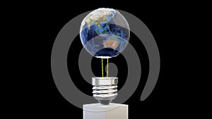 3D Earth planet revolving on a lightbulb, loop, against black