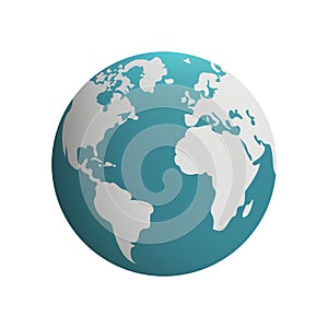 3D Earth Sphere Symbol. Circle Globe World Blue Cartoon Icon. Global Map with Europe, America, Africa, Asia Continent