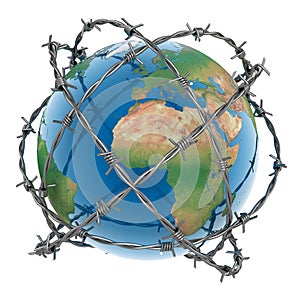 3d earth surrounded by barbed wire