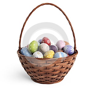 3D Easter basket filled with colorful eggs. Isolated