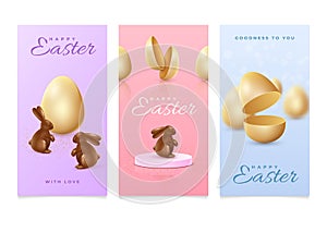 3D Easter bunny. Greeting cards design. Gold eggs and chocolate rabbits. Spring celebration. Holiday corporate