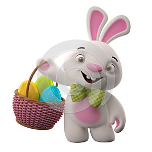 3D easter bunny, merry cartoon rabbit, animal character with easter eggs in wicker basket